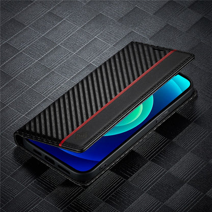 LC.IMEEKE For iPhone 15 Scratch Resistant Leather Stand Cover Carbon Fiber Texture Wallet Phone Case
