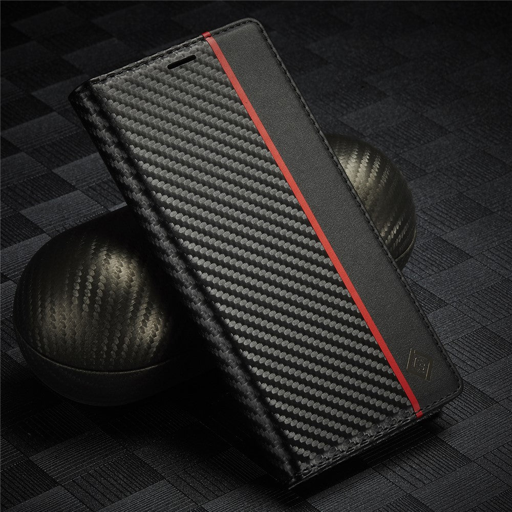 LC.IMEEKE For iPhone 15 Scratch Resistant Leather Stand Cover Carbon Fiber Texture Wallet Phone Case