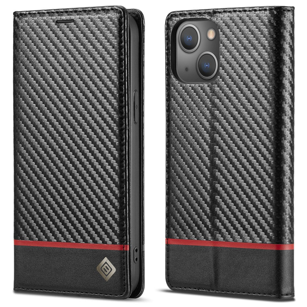 LC.IMEEKE For iPhone 15 Scratch Resistant Leather Stand Cover Carbon Fiber Texture Wallet Phone Case