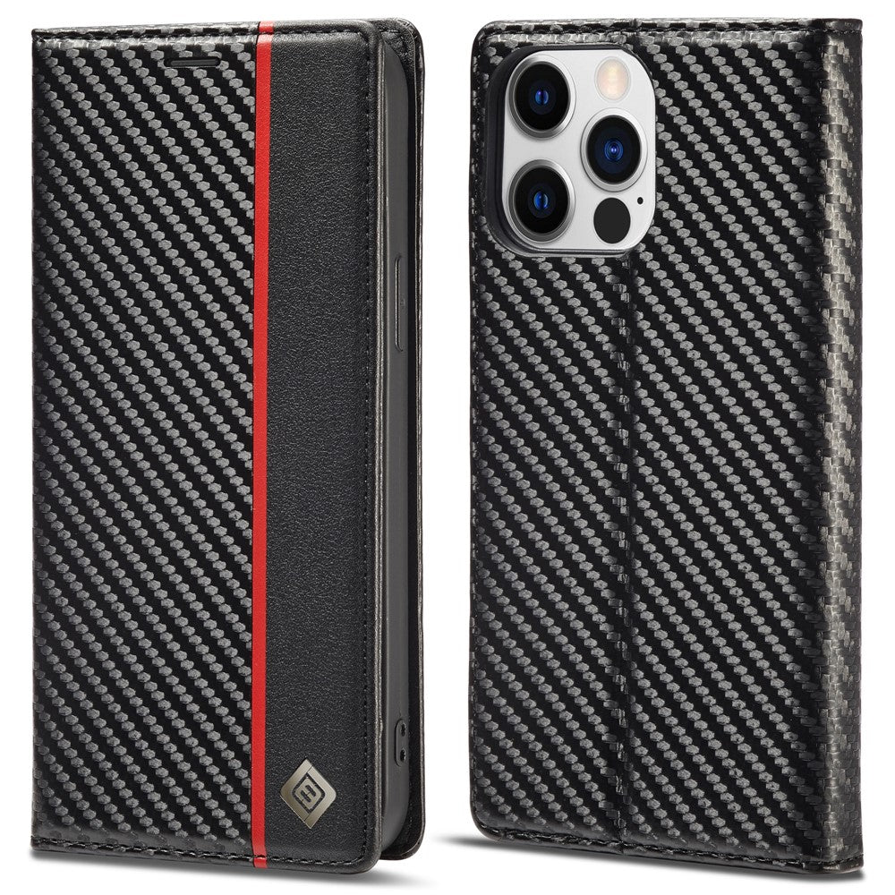 LC.IMEEKE For iPhone 15 Pro Max Shockproof Leather Stand Cover Carbon Fiber Texture Wallet Phone Case
