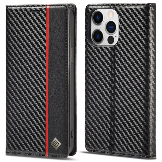 LC.IMEEKE For iPhone 15 Pro Max Shockproof Leather Stand Cover Carbon Fiber Texture Wallet Phone Case