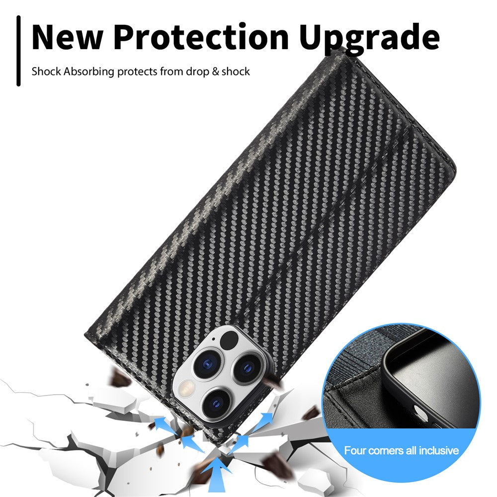 LC.IMEEKE For iPhone 15 Pro Max Shockproof Leather Stand Cover Carbon Fiber Texture Wallet Phone Case