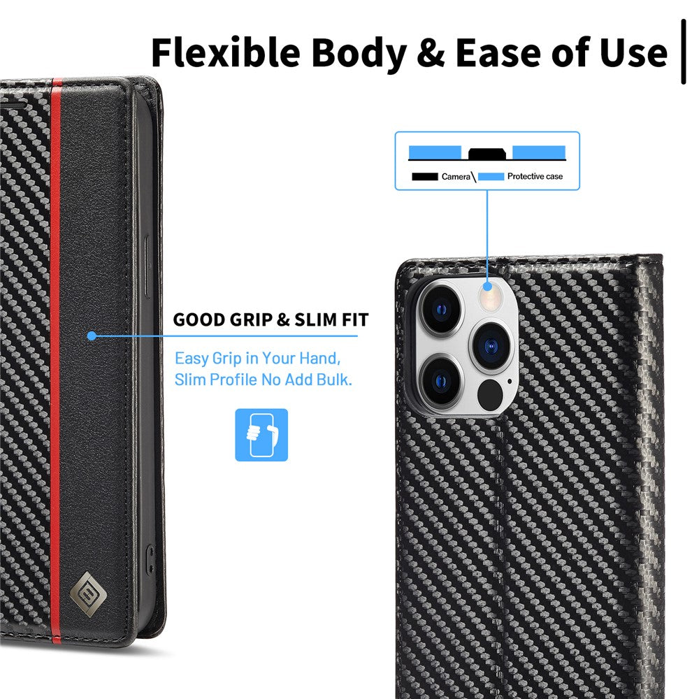 LC.IMEEKE For iPhone 15 Pro Max Shockproof Leather Stand Cover Carbon Fiber Texture Wallet Phone Case