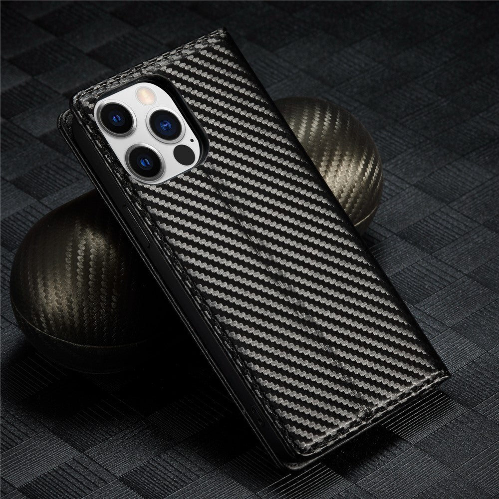 LC.IMEEKE For iPhone 15 Pro Carbon Fiber Texture Stand Cover Wallet Phone Leather Case