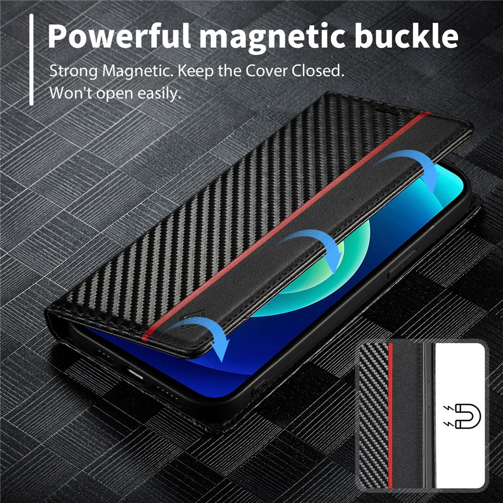 LC.IMEEKE For iPhone 15 Pro Carbon Fiber Texture Stand Cover Wallet Phone Leather Case