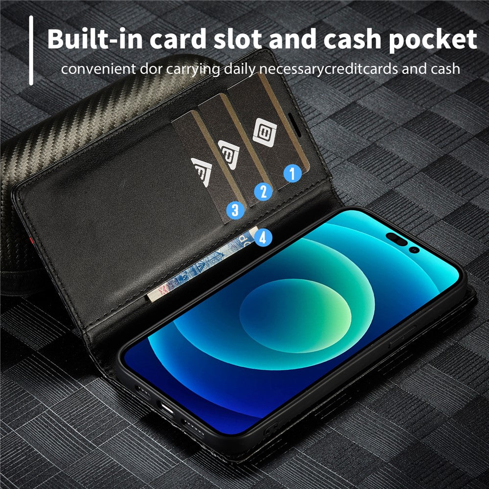 LC.IMEEKE For iPhone 15 Pro Carbon Fiber Texture Stand Cover Wallet Phone Leather Case