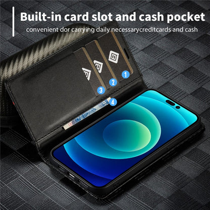LC.IMEEKE For iPhone 15 Pro Carbon Fiber Texture Stand Cover Wallet Phone Leather Case