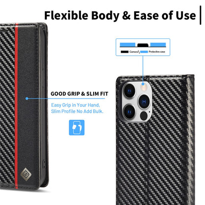 LC.IMEEKE For iPhone 15 Pro Carbon Fiber Texture Stand Cover Wallet Phone Leather Case