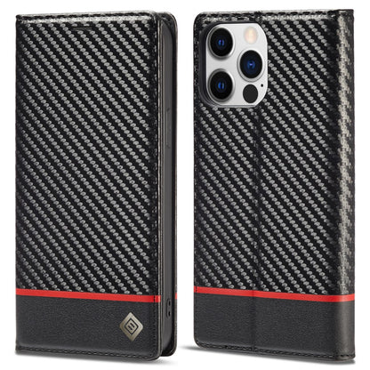 LC.IMEEKE For iPhone 15 Pro Carbon Fiber Texture Stand Cover Wallet Phone Leather Case