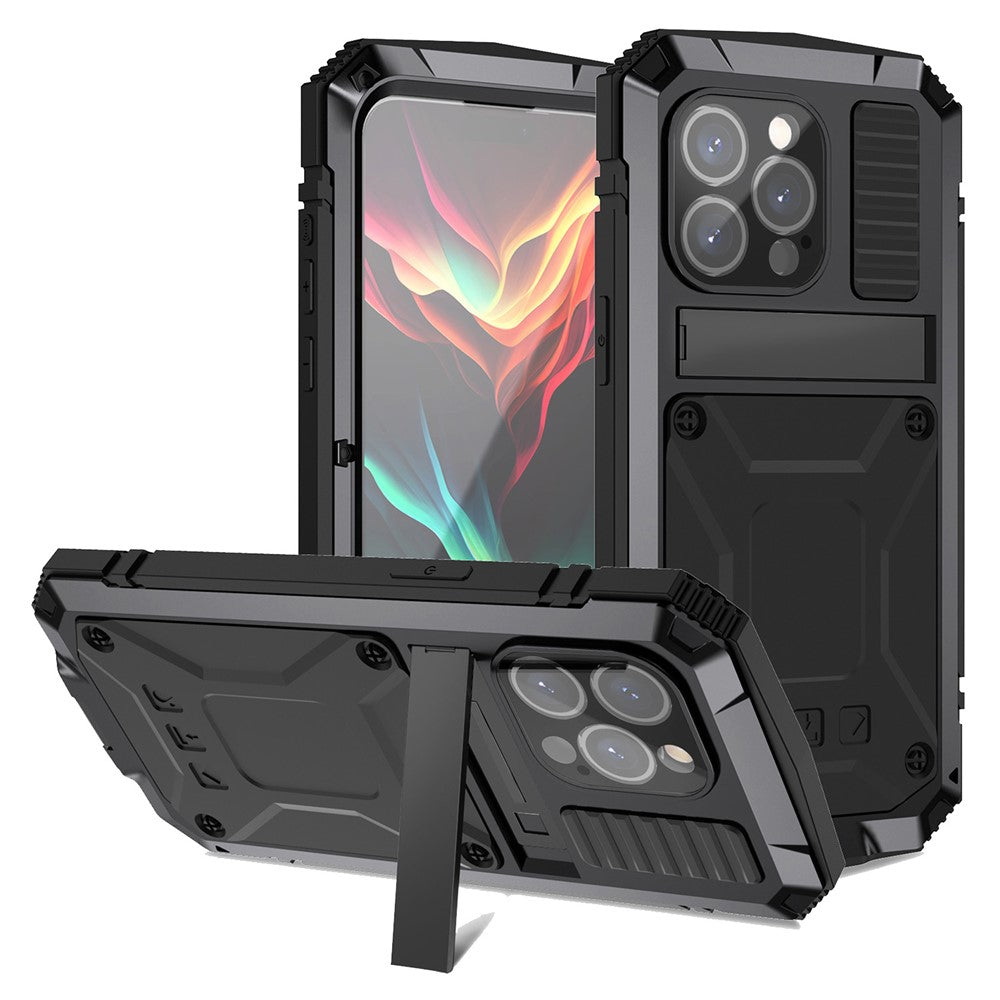 R-JUST For iPhone 15 Pro Max Anti-drop Phone Case PC+Silicone+Metal Kickstand Cover with Tempered Glass Film