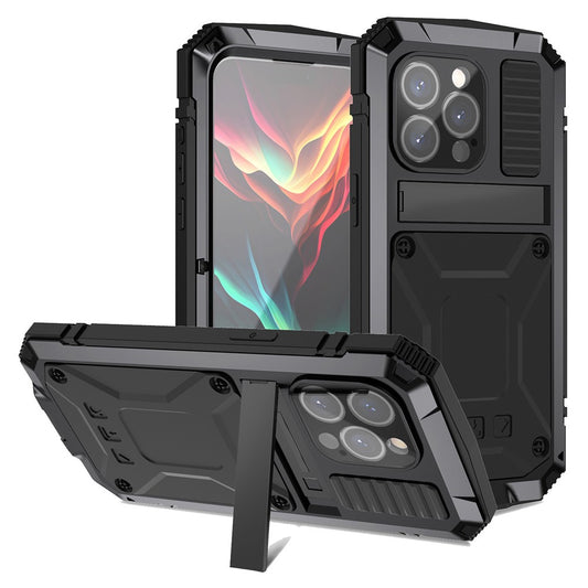 R-JUST For iPhone 15 Pro Max Anti-drop Phone Case PC+Silicone+Metal Kickstand Cover with Tempered Glass Film