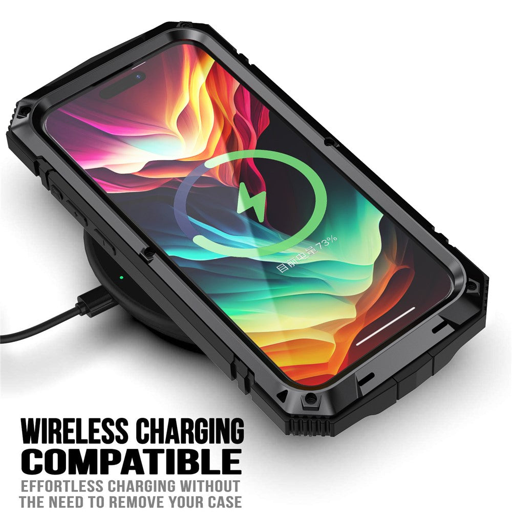 R-JUST For iPhone 15 Pro Max Anti-drop Phone Case PC+Silicone+Metal Kickstand Cover with Tempered Glass Film