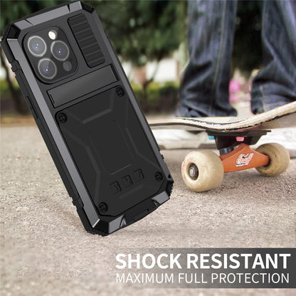 R-JUST For iPhone 15 Pro Max Anti-drop Phone Case PC+Silicone+Metal Kickstand Cover with Tempered Glass Film