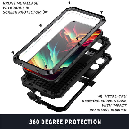 R-JUST For iPhone 15 Pro Max Anti-drop Phone Case PC+Silicone+Metal Kickstand Cover with Tempered Glass Film