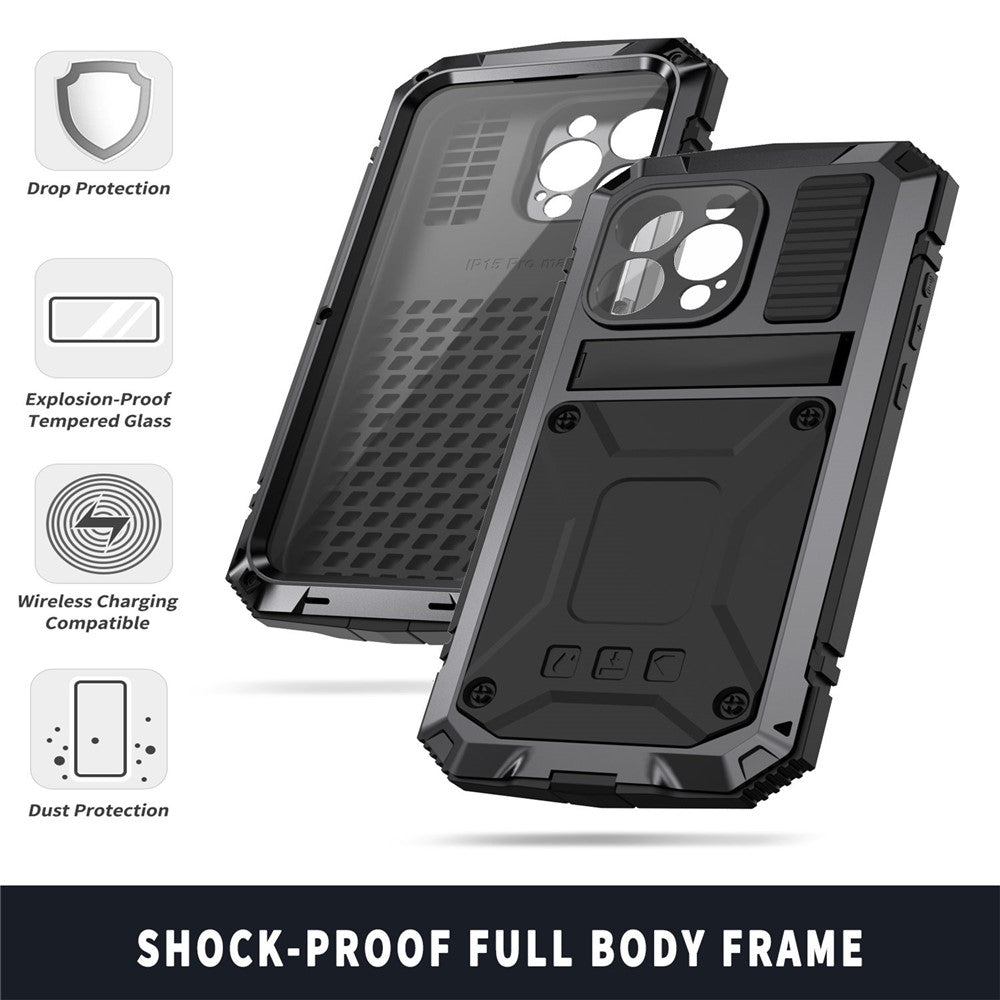 R-JUST For iPhone 15 Pro Max Anti-drop Phone Case PC+Silicone+Metal Kickstand Cover with Tempered Glass Film