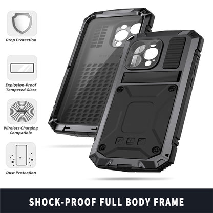 R-JUST For iPhone 15 Pro Max Anti-drop Phone Case PC+Silicone+Metal Kickstand Cover with Tempered Glass Film