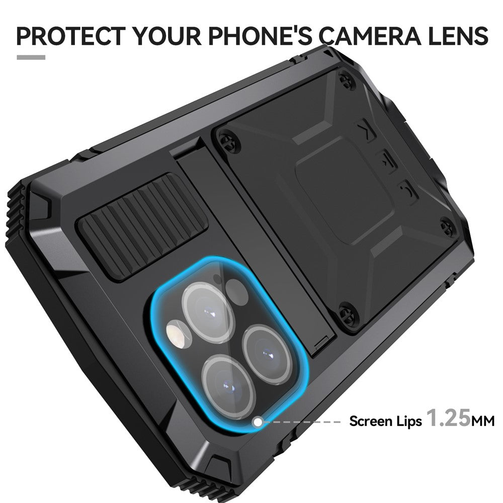 R-JUST For iPhone 15 Pro Max Anti-drop Phone Case PC+Silicone+Metal Kickstand Cover with Tempered Glass Film