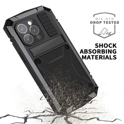 R-JUST For iPhone 15 Pro Max Anti-drop Phone Case PC+Silicone+Metal Kickstand Cover with Tempered Glass Film
