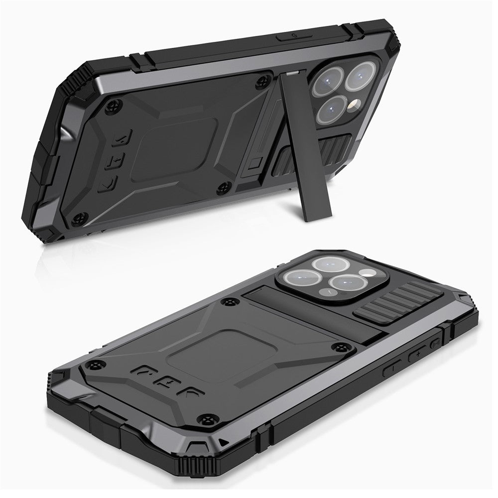 R-JUST For iPhone 15 Pro Max Anti-drop Phone Case PC+Silicone+Metal Kickstand Cover with Tempered Glass Film
