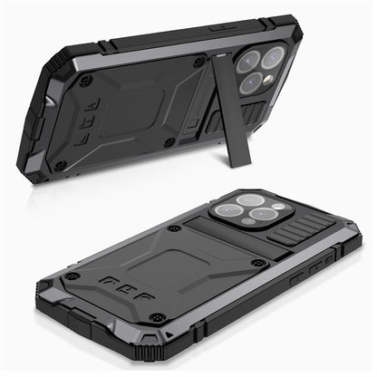 R-JUST For iPhone 15 Pro Max Anti-drop Phone Case PC+Silicone+Metal Kickstand Cover with Tempered Glass Film