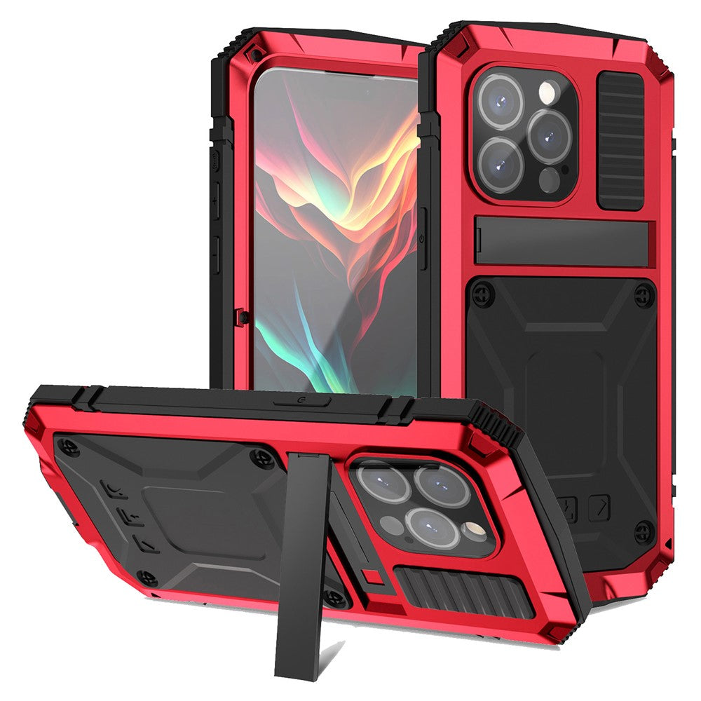 R-JUST For iPhone 15 Pro Max Anti-drop Phone Case PC+Silicone+Metal Kickstand Cover with Tempered Glass Film