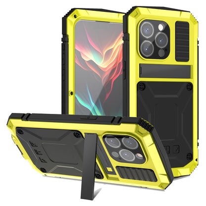 R-JUST For iPhone 15 Pro Max Anti-drop Phone Case PC+Silicone+Metal Kickstand Cover with Tempered Glass Film