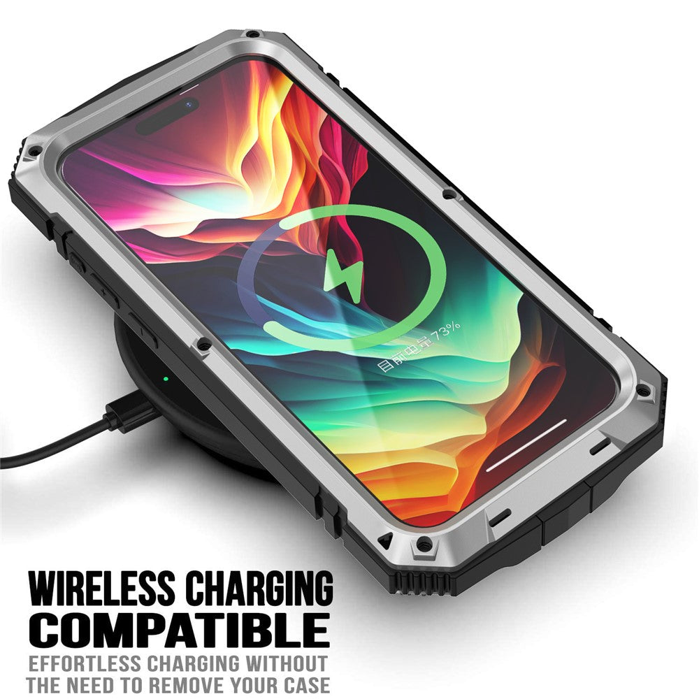 R-JUST For iPhone 15 Pro Kickstand Phone Case PC+Silicone+Metal Shockproof Cover with Tempered Glass Film