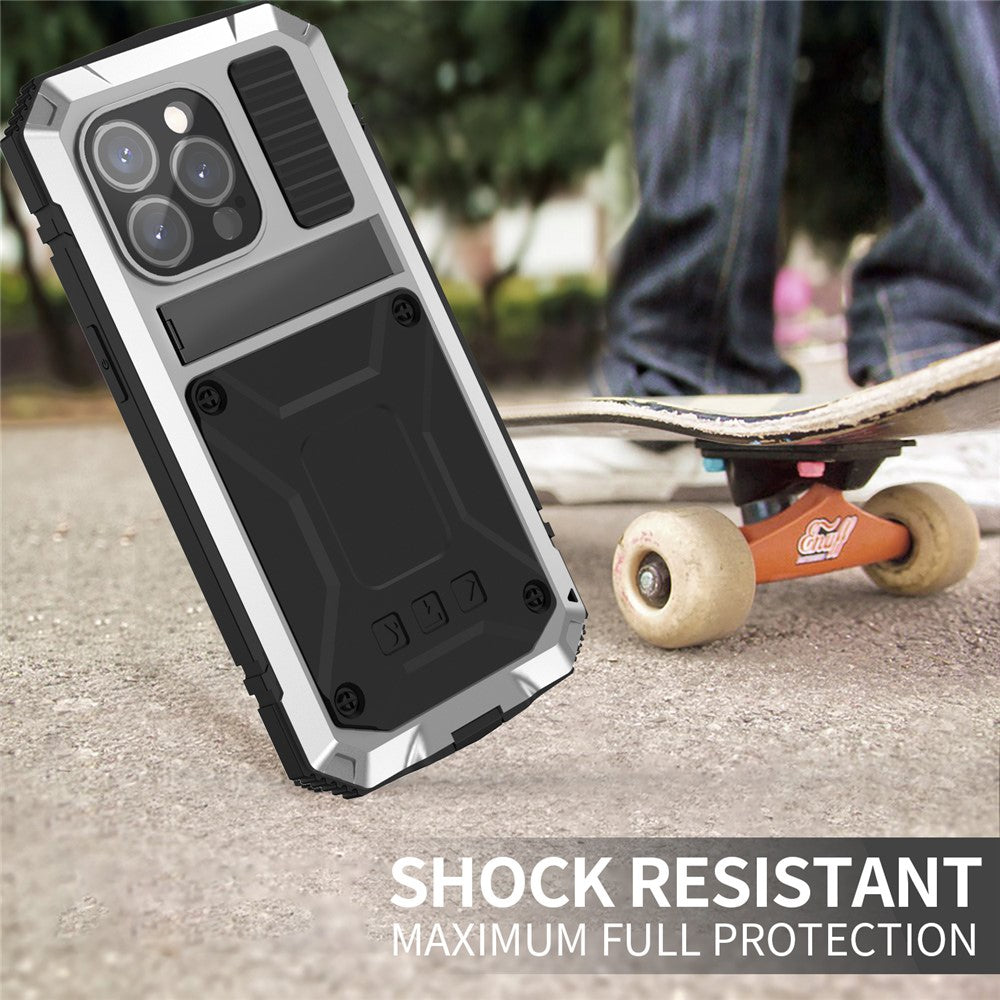 R-JUST For iPhone 15 Pro Kickstand Phone Case PC+Silicone+Metal Shockproof Cover with Tempered Glass Film