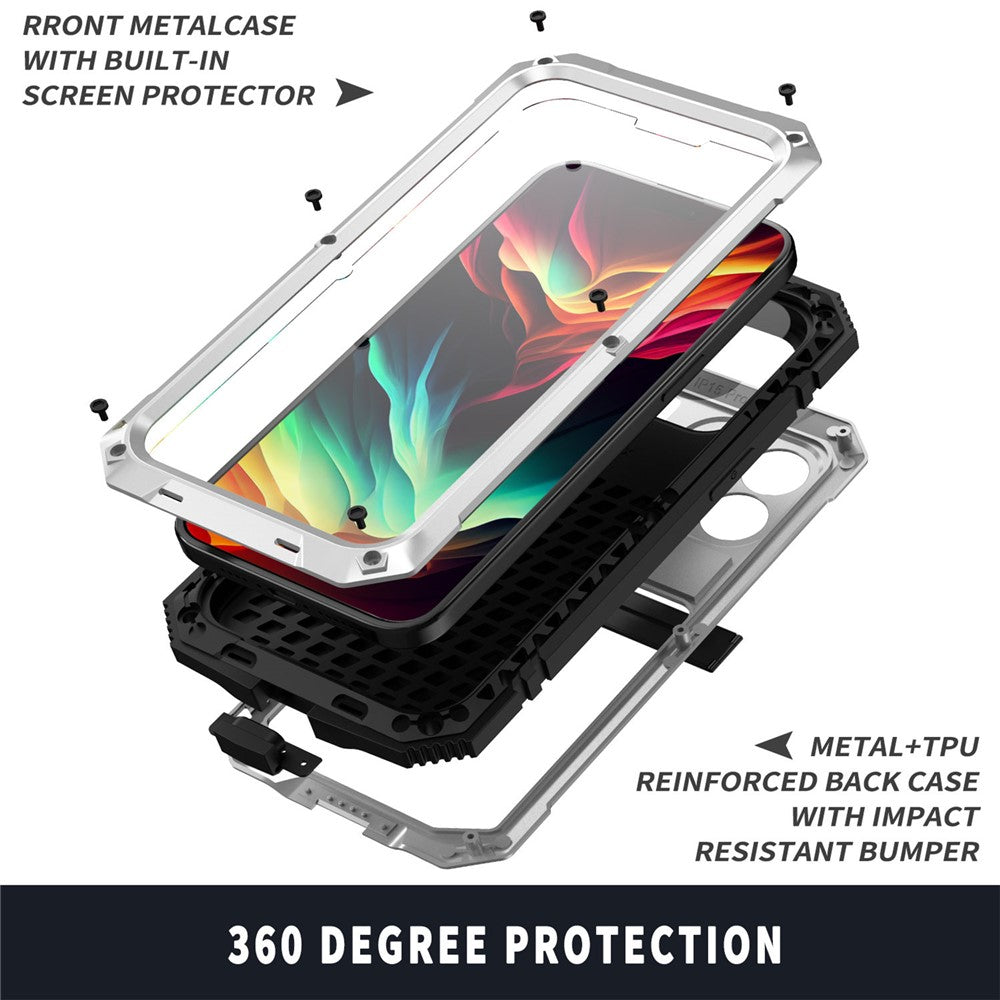 R-JUST For iPhone 15 Pro Kickstand Phone Case PC+Silicone+Metal Shockproof Cover with Tempered Glass Film