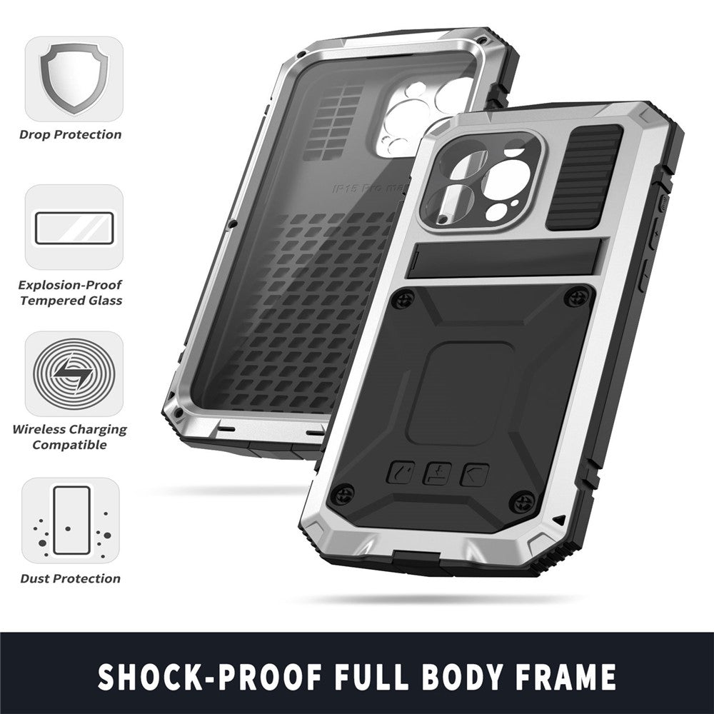R-JUST For iPhone 15 Pro Kickstand Phone Case PC+Silicone+Metal Shockproof Cover with Tempered Glass Film