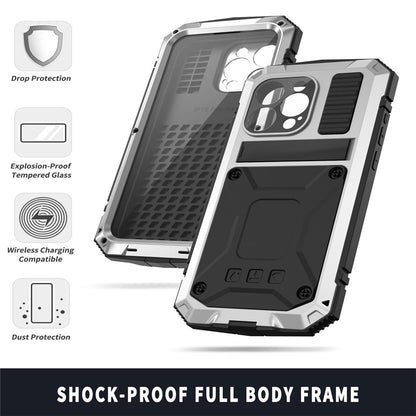 R-JUST For iPhone 15 Pro Kickstand Phone Case PC+Silicone+Metal Shockproof Cover with Tempered Glass Film