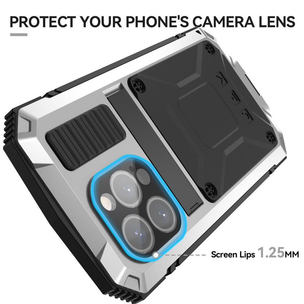 R-JUST For iPhone 15 Pro Kickstand Phone Case PC+Silicone+Metal Shockproof Cover with Tempered Glass Film