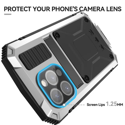 R-JUST For iPhone 15 Pro Kickstand Phone Case PC+Silicone+Metal Shockproof Cover with Tempered Glass Film