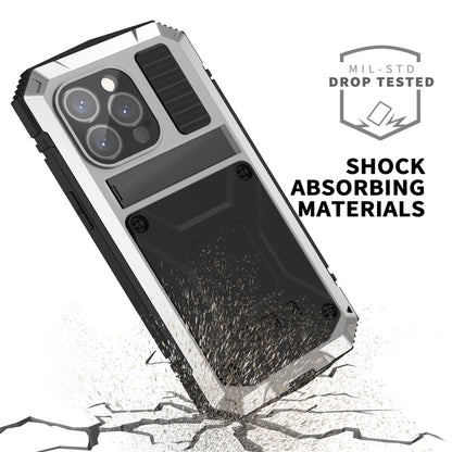 R-JUST For iPhone 15 Pro Kickstand Phone Case PC+Silicone+Metal Shockproof Cover with Tempered Glass Film