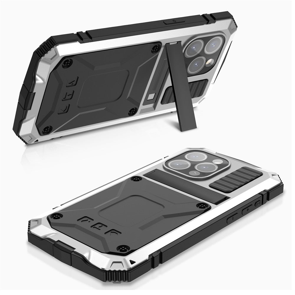 R-JUST For iPhone 15 Pro Kickstand Phone Case PC+Silicone+Metal Shockproof Cover with Tempered Glass Film