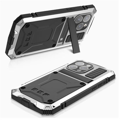 R-JUST For iPhone 15 Pro Kickstand Phone Case PC+Silicone+Metal Shockproof Cover with Tempered Glass Film
