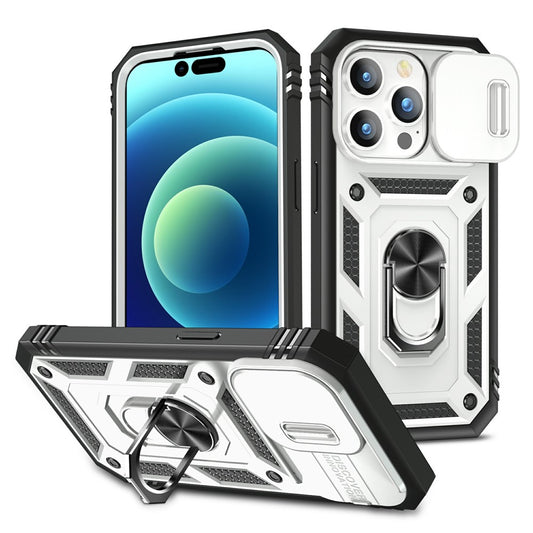 For iPhone 15 Pro Sliding Camera Window Phone Case PC+TPU Kickstand Cover with Card Slot