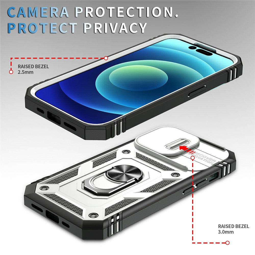 For iPhone 15 Pro Sliding Camera Window Phone Case PC+TPU Kickstand Cover with Card Slot