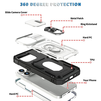 For iPhone 15 Pro Sliding Camera Window Phone Case PC+TPU Kickstand Cover with Card Slot