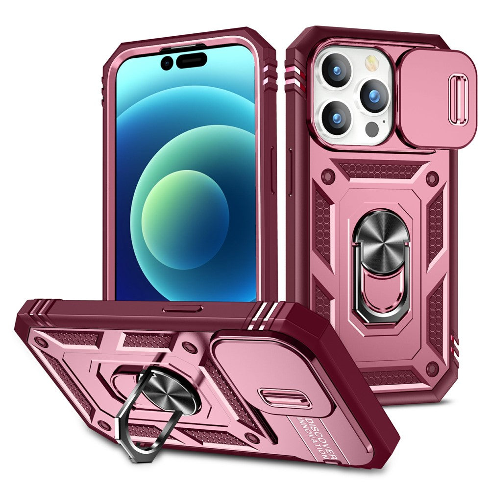 For iPhone 15 Pro Sliding Camera Window Phone Case PC+TPU Kickstand Cover with Card Slot