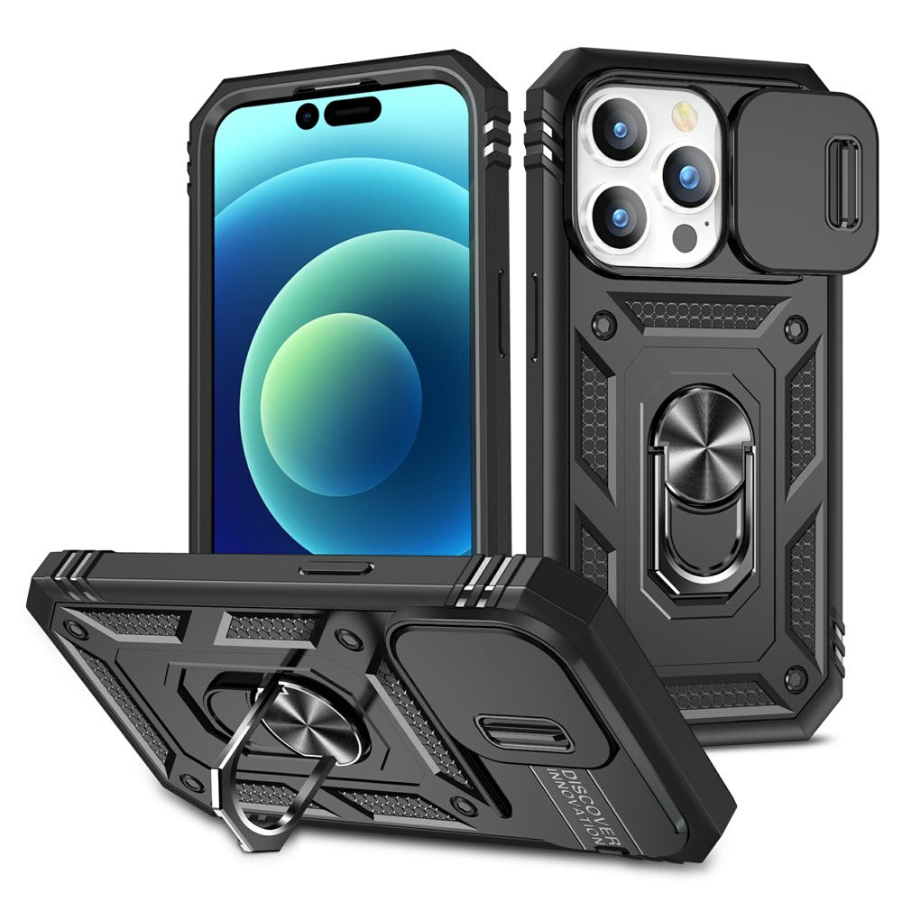 For iPhone 15 Pro Sliding Camera Window Phone Case PC+TPU Kickstand Cover with Card Slot