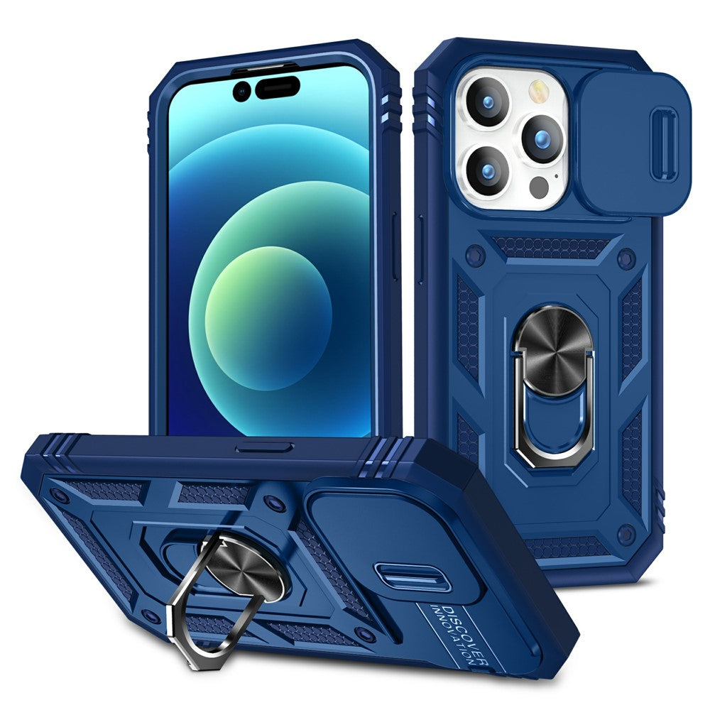For iPhone 15 Pro Sliding Camera Window Phone Case PC+TPU Kickstand Cover with Card Slot