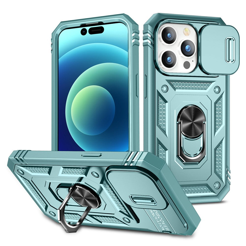 For iPhone 15 Pro Sliding Camera Window Phone Case PC+TPU Kickstand Cover with Card Slot