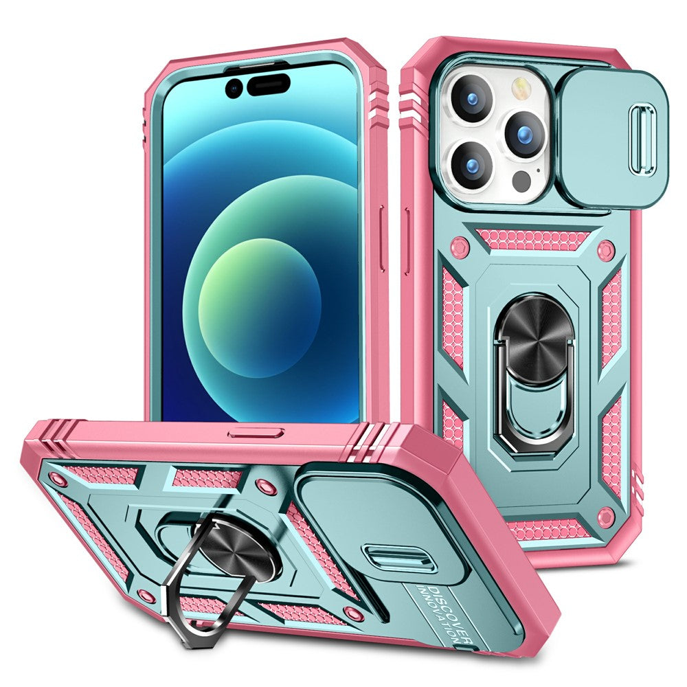 For iPhone 15 Pro Sliding Camera Window Phone Case PC+TPU Kickstand Cover with Card Slot