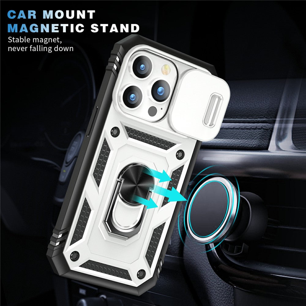 For iPhone 15 Pro Max Kickstand Case Card Holder PC+TPU Phone Cover with Sliding Camera Protection