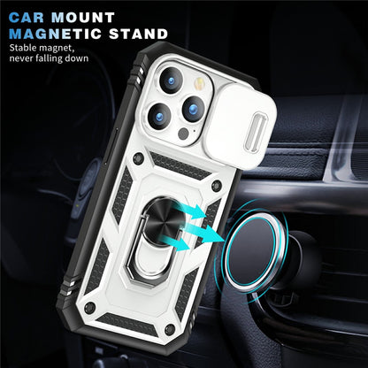 For iPhone 15 Pro Max Kickstand Case Card Holder PC+TPU Phone Cover with Sliding Camera Protection