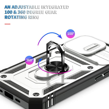 For iPhone 15 Pro Max Kickstand Case Card Holder PC+TPU Phone Cover with Sliding Camera Protection