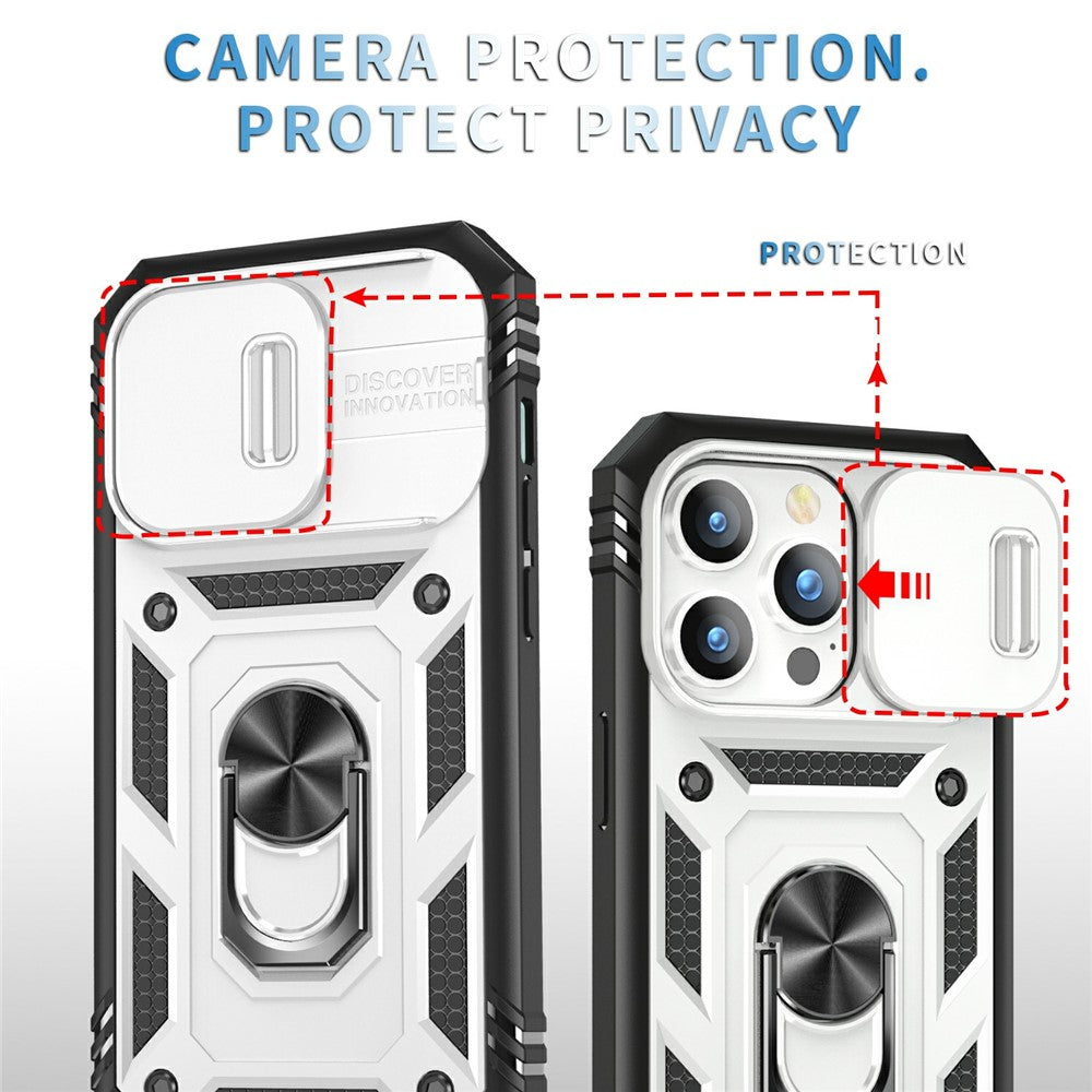 For iPhone 15 Pro Max Kickstand Case Card Holder PC+TPU Phone Cover with Sliding Camera Protection