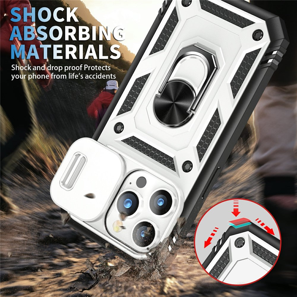 For iPhone 15 Pro Max Kickstand Case Card Holder PC+TPU Phone Cover with Sliding Camera Protection
