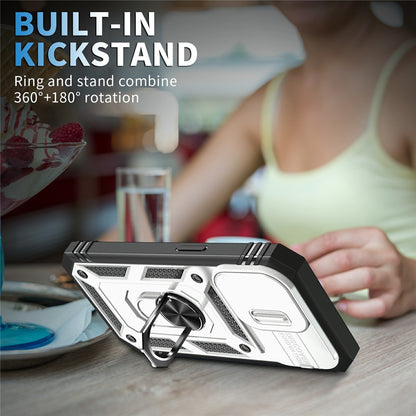 For iPhone 15 Pro Max Kickstand Case Card Holder PC+TPU Phone Cover with Sliding Camera Protection